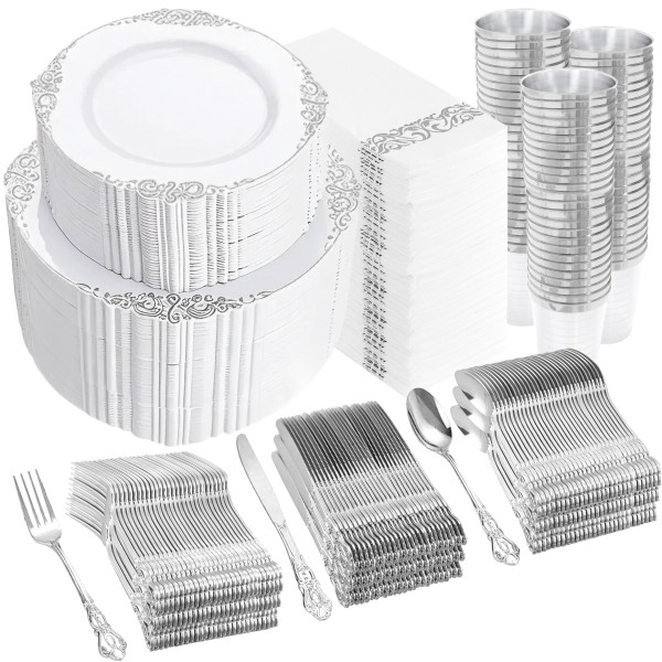 YOUBET 700PCS Silver Plastic Plates - White and Silver Disposable Plates - Silvery Plastic Dinnerware Set - Include 200 Plates, 300 Heavy Duty Silverware, 100 Cups and 100 Napkins for Wedding & Party