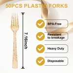 50PCS Gold Glitter Plastic Forks - Heavy Duty Plastic Forks - Solid Durable Gold Glitter Disposable Silverware for Party Picnic Wedding and Daily Use