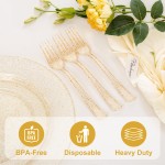 50PCS Gold Glitter Plastic Forks - Heavy Duty Plastic Forks - Solid Durable Gold Glitter Disposable Silverware for Party Picnic Wedding and Daily Use