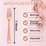 50PCS Rose Gold Plastic Forks - Heavy Duty Plastic Forks - Solid Durable Rose Gold Disposable Silverware for Party Picnic Wedding and Daily Use