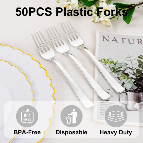 50PCS Silver Plastic Forks - Heavy Duty Plastic Forks - Solid Durable Silver Disposable Silverware for Party Picnic Wedding and Daily Use