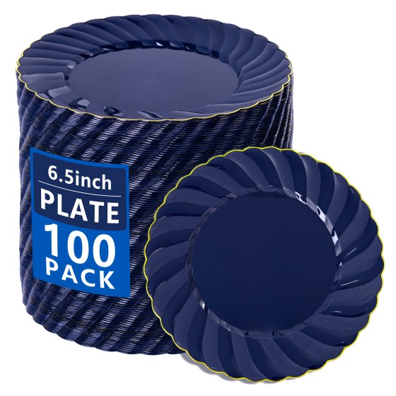 100 Pack Blue Scalloped Plastic Plates - 6.5 Inch Navy Blue Disposable Plates - High End Elegant Vintage Dessert Plate for Party & Weeding & Birthday