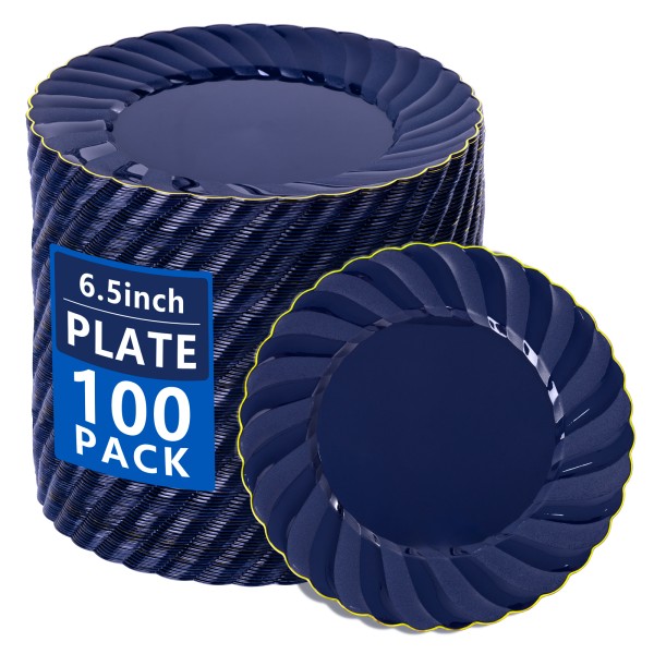 100 Pack Blue Scalloped Plastic Plates - 6.5 Inch Navy Blue Disposable Plates - High End Elegant Vintage Dessert Plate for Party & Weeding & Birthday
