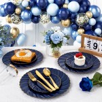 100 Pack Blue Scalloped Plastic Plates - 6.5 Inch Navy Blue Disposable Plates - High End Elegant Vintage Dessert Plate for Party & Weeding & Birthday
