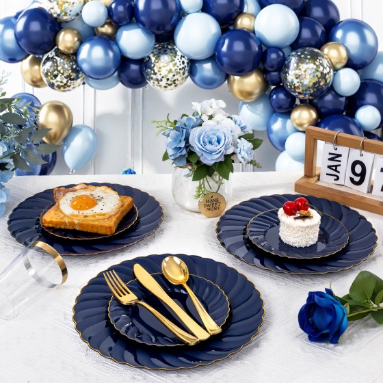 100 Pack Blue Scalloped Plastic Plates - 6.5 Inch Navy Blue Disposable Plates - High End Elegant Vintage Dessert Plate for Party & Weeding & Birthday