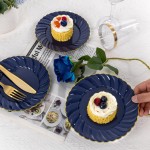 100 Pack Blue Scalloped Plastic Plates - 6.5 Inch Navy Blue Disposable Plates - High End Elegant Vintage Dessert Plate for Party & Weeding & Birthday