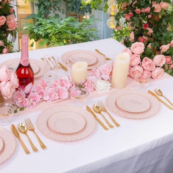 100 Pack Pink Scalloped Plastic Plates - 6.5 Inch Pink Disposable Plates - High End Elegant Vintage Dessert Plate for Party & Weeding & Birthday Mothers Day