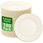 100 Pack Ivory Scalloped Plastic Plates - 6.5 Inch Gold Disposable Plates with Gold Rim - High End Elegant Vintage Dessert Salad Plate for Birthday Parties & Wedding