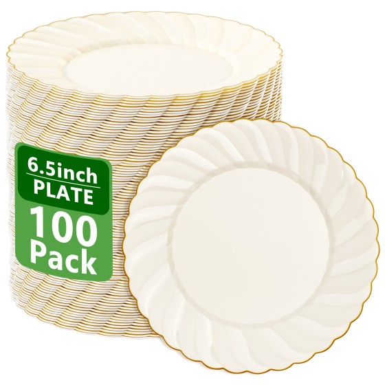 100 Pack Ivory Scalloped Plastic Plates - 6.5 Inch Gold Disposable Plates with Gold Rim - High End Elegant Vintage Dessert Salad Plate for Birthday Parties & Wedding
