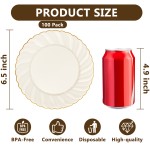 100 Pack Ivory Scalloped Plastic Plates - 6.5 Inch Gold Disposable Plates with Gold Rim - High End Elegant Vintage Dessert Salad Plate for Birthday Parties & Wedding