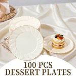 100 Pack Ivory Scalloped Plastic Plates - 6.5 Inch Gold Disposable Plates with Gold Rim - High End Elegant Vintage Dessert Salad Plate for Birthday Parties & Wedding