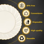 100 Pack Ivory Scalloped Plastic Plates - 6.5 Inch Gold Disposable Plates with Gold Rim - High End Elegant Vintage Dessert Salad Plate for Birthday Parties & Wedding