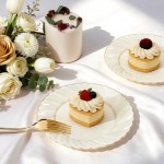 100 Pack Ivory Scalloped Plastic Plates - 6.5 Inch Gold Disposable Plates with Gold Rim - High End Elegant Vintage Dessert Salad Plate for Birthday Parties & Wedding