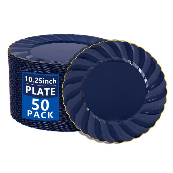 50 Pack Blue Scalloped Plastic Plates - 10.25 Inch Navy Blue Disposable Plates with Gold Rim - High End Elegant Vintage Dinner Plate for Birthday Parties & Wedding