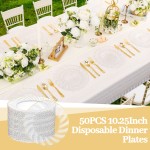 50 Pack Clear Scalloped Plastic Plates - 10.25 Inch Clear Gold Disposable Plates - High End Elegant Vintage Dinner Plate for Party & Weeding & Birthday