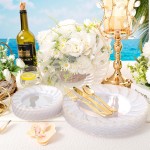 50 Pack Clear Scalloped Plastic Plates - 10.25 Inch Clear Gold Disposable Plates - High End Elegant Vintage Dinner Plate for Party & Weeding & Birthday