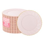 50 Pack Pink Scalloped Plastic Plates - 10.25 Inch Pink Disposable Plates - High End Elegant Vintage Dinner Plate for Party & Weeding & Birthday Mothers Day