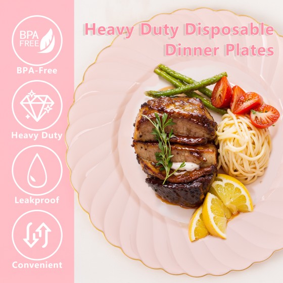 50 Pack Pink Scalloped Plastic Plates - 10.25 Inch Pink Disposable Plates - High End Elegant Vintage Dinner Plate for Party & Weeding & Birthday Mothers Day
