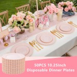50 Pack Pink Scalloped Plastic Plates - 10.25 Inch Pink Disposable Plates - High End Elegant Vintage Dinner Plate for Party & Weeding & Birthday Mothers Day