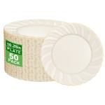 50 Pack Ivory Scalloped Plastic Plates 10.25 Inch Ivory Disposable Plates with Gold Rim - High End Elegant Vintage Dinner Plate for Birthday Parties & Wedding