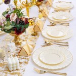 50 Pack Ivory Scalloped Plastic Plates 10.25 Inch Ivory Disposable Plates with Gold Rim - High End Elegant Vintage Dinner Plate for Birthday Parties & Wedding