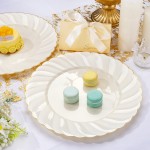 50 Pack Ivory Scalloped Plastic Plates 10.25 Inch Ivory Disposable Plates with Gold Rim - High End Elegant Vintage Dinner Plate for Birthday Parties & Wedding