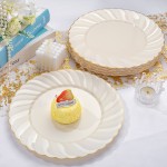 50 Pack Ivory Scalloped Plastic Plates 10.25 Inch Ivory Disposable Plates with Gold Rim - High End Elegant Vintage Dinner Plate for Birthday Parties & Wedding