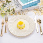 50 Pack Ivory Scalloped Plastic Plates 10.25 Inch Ivory Disposable Plates with Gold Rim - High End Elegant Vintage Dinner Plate for Birthday Parties & Wedding