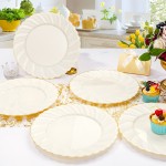 50 Pack Ivory Scalloped Plastic Plates 10.25 Inch Ivory Disposable Plates with Gold Rim - High End Elegant Vintage Dinner Plate for Birthday Parties & Wedding
