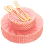 125Pieces Clear Pink Plastic Plates with Gold Rim - Gold Plastic Silverware Include 25 Dinner Plates 25 Dessert Plates 75 Golden Silverwares for Wedding Birthday & Parties Easter Mothers Day