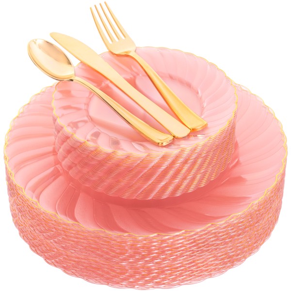 125Pieces Clear Pink Plastic Plates with Gold Rim - Gold Plastic Silverware Include 25 Dinner Plates 25 Dessert Plates 75 Golden Silverwares for Wedding Birthday & Parties Easter Mothers Day
