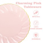 125Pieces Clear Pink Plastic Plates with Gold Rim - Gold Plastic Silverware Include 25 Dinner Plates 25 Dessert Plates 75 Golden Silverwares for Wedding Birthday & Parties Easter Mothers Day