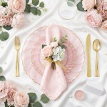 125Pieces Clear Pink Plastic Plates with Gold Rim - Gold Plastic Silverware Include 25 Dinner Plates 25 Dessert Plates 75 Golden Silverwares for Wedding Birthday & Parties Easter Mothers Day