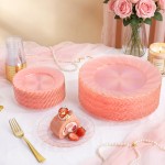 125Pieces Clear Pink Plastic Plates with Gold Rim - Gold Plastic Silverware Include 25 Dinner Plates 25 Dessert Plates 75 Golden Silverwares for Wedding Birthday & Parties Easter Mothers Day