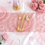 125Pieces Clear Pink Plastic Plates with Gold Rim - Gold Plastic Silverware Include 25 Dinner Plates 25 Dessert Plates 75 Golden Silverwares for Wedding Birthday & Parties Easter Mothers Day