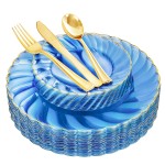 125PCS Clear Blue Gold Plastic Plates - Blue Disposable Plates With Gold Rim Include 25 Dinner Plates 25 Dessert Plates 75 Golden Silverwares for Wedding Birthday & Parties