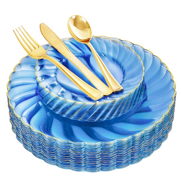125PCS Clear Blue Gold Plastic Plates - Blue Disposable Plates With Gold Rim Include 25 Dinner Plates 25 Dessert Plates 75 Golden Silverwares for Wedding Birthday & Parties