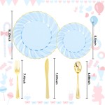 125PCS Clear Blue Gold Plastic Plates - Blue Disposable Plates With Gold Rim Include 25 Dinner Plates 25 Dessert Plates 75 Golden Silverwares for Wedding Birthday & Parties