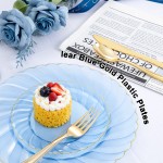 125PCS Clear Blue Gold Plastic Plates - Blue Disposable Plates With Gold Rim Include 25 Dinner Plates 25 Dessert Plates 75 Golden Silverwares for Wedding Birthday & Parties