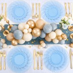 125PCS Clear Blue Gold Plastic Plates - Blue Disposable Plates With Gold Rim Include 25 Dinner Plates 25 Dessert Plates 75 Golden Silverwares for Wedding Birthday & Parties