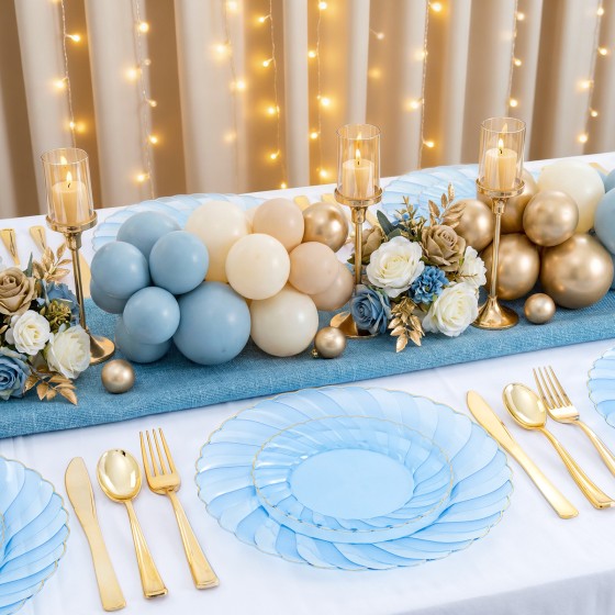 125PCS Clear Blue Gold Plastic Plates - Blue Disposable Plates With Gold Rim Include 25 Dinner Plates 25 Dessert Plates 75 Golden Silverwares for Wedding Birthday & Parties
