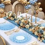 125PCS Clear Blue Gold Plastic Plates - Blue Disposable Plates With Gold Rim Include 25 Dinner Plates 25 Dessert Plates 75 Golden Silverwares for Wedding Birthday & Parties