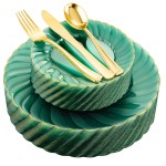 125PCS Clear Green Plastic Plates with Gold Rim - Green and Gold Plastic Plates Include 25 Dinner Plate 25 Dessert Plate 75 Disposable Silverwares for Wedding & Party