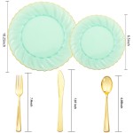 125PCS Clear Green Plastic Plates with Gold Rim - Green and Gold Plastic Plates Include 25 Dinner Plate 25 Dessert Plate 75 Disposable Silverwares for Wedding & Party
