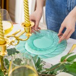 125PCS Clear Green Plastic Plates with Gold Rim - Green and Gold Plastic Plates Include 25 Dinner Plate 25 Dessert Plate 75 Disposable Silverwares for Wedding & Party