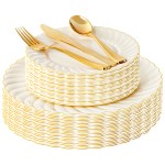 125PCS Scalloped Plastic Plates - Ivory Scalloped Disposable Plates - Gold Plastic Dinnerware Set Include 50 Plates, 75 Gold Silverware for Party & Wedding