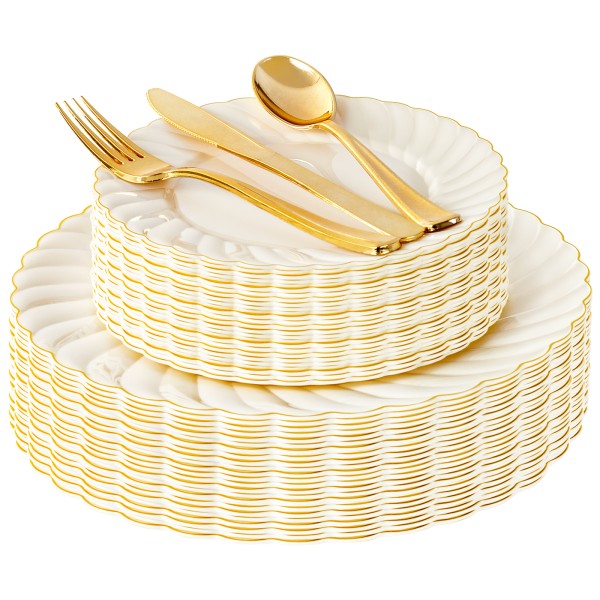 125PCS Scalloped Plastic Plates - Ivory Scalloped Disposable Plates - Gold Plastic Dinnerware Set Include 50 Plates, 75 Gold Silverware for Party & Wedding