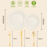 125PCS Scalloped Plastic Plates - Ivory Scalloped Disposable Plates - Gold Plastic Dinnerware Set Include 50 Plates, 75 Gold Silverware for Party & Wedding