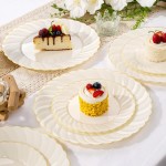 125PCS Scalloped Plastic Plates - Ivory Scalloped Disposable Plates - Gold Plastic Dinnerware Set Include 50 Plates, 75 Gold Silverware for Party & Wedding