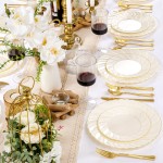 125PCS Scalloped Plastic Plates - Ivory Scalloped Disposable Plates - Gold Plastic Dinnerware Set Include 50 Plates, 75 Gold Silverware for Party & Wedding